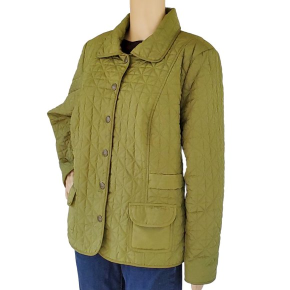 Laura Ashley Jacket Women's XL Green Quilted Snap Front Pockets Shoulder Pads - Picture 1 of 12